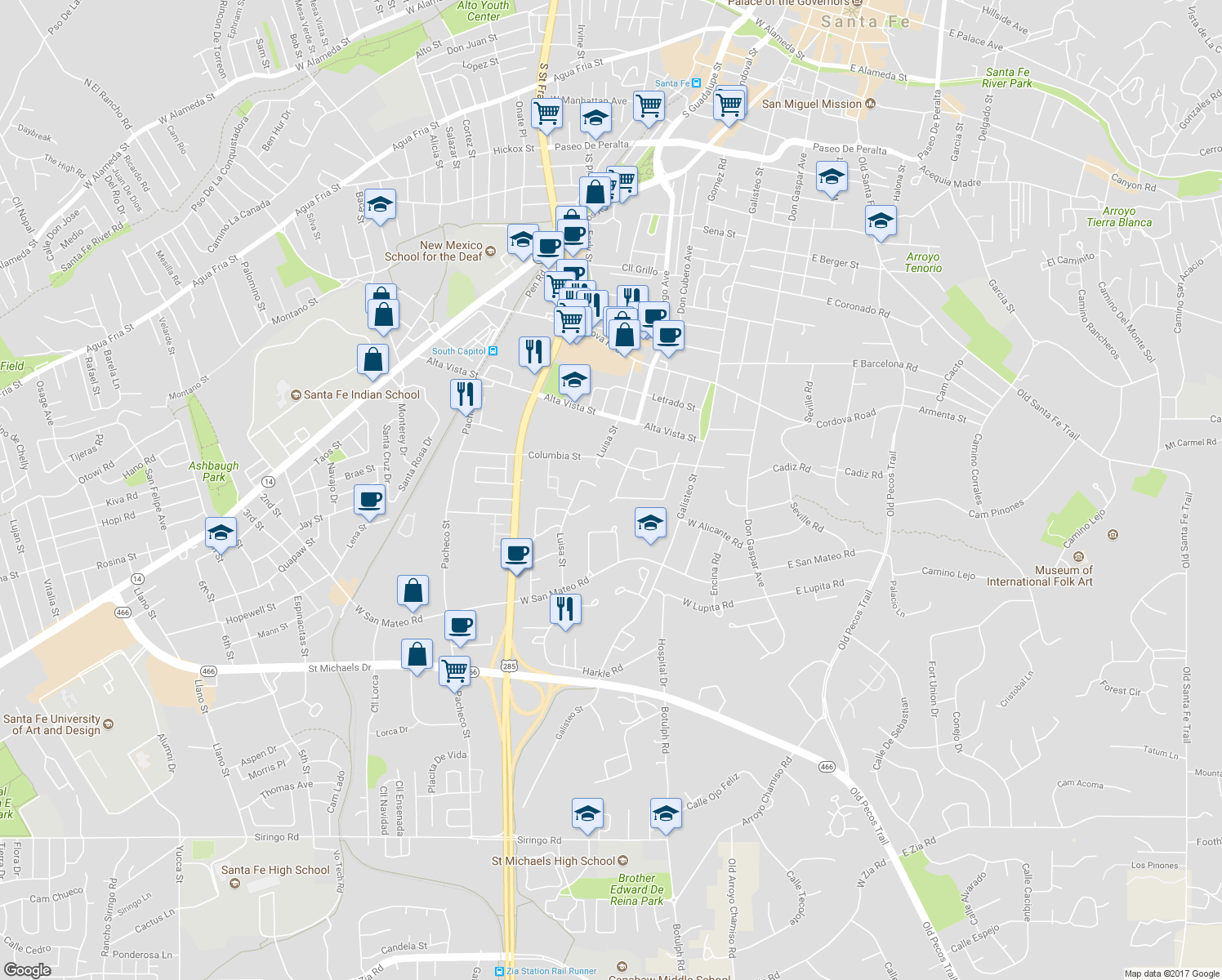 map of restaurants, bars, coffee shops, grocery stores, and more near 1448 Miracerros Loop South in Santa Fe