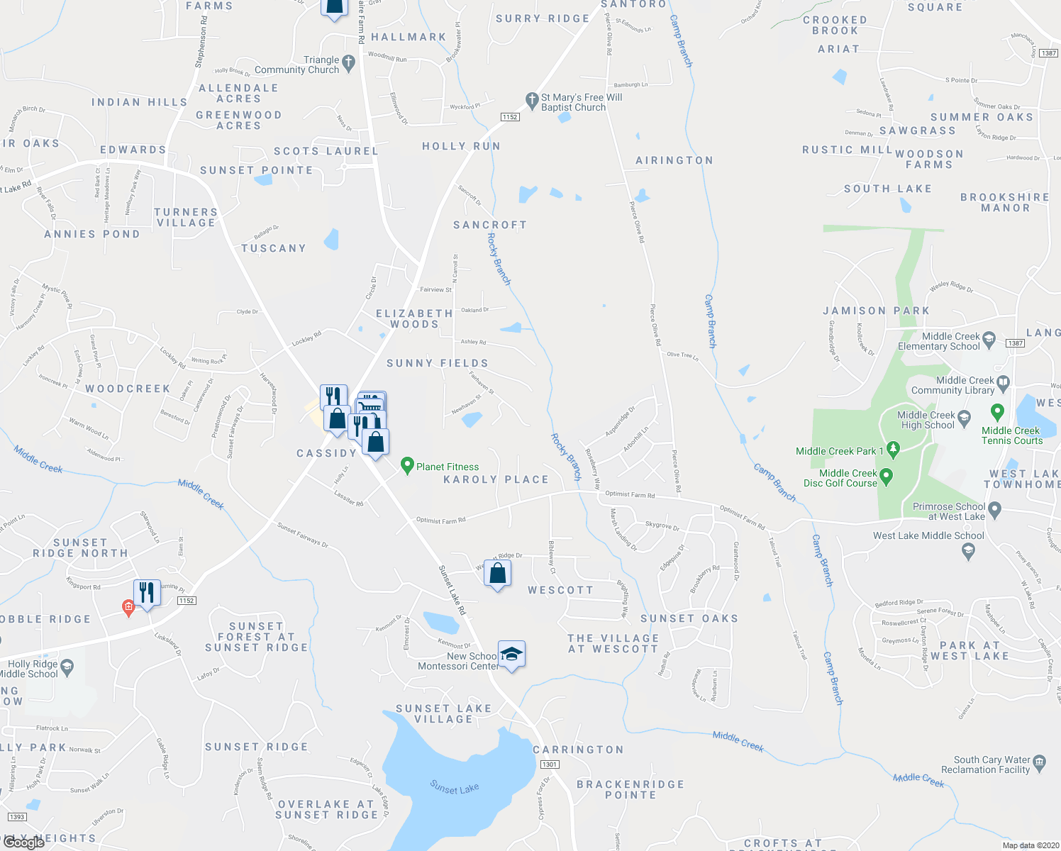 map of restaurants, bars, coffee shops, grocery stores, and more near 220 Fairhaven Street in Apex