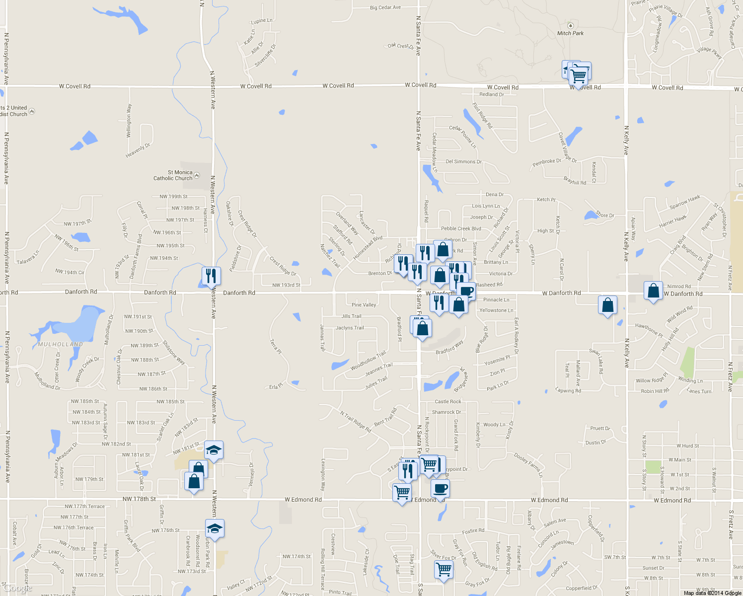 map of restaurants, bars, coffee shops, grocery stores, and more near 1204 Scotch Pine in Edmond