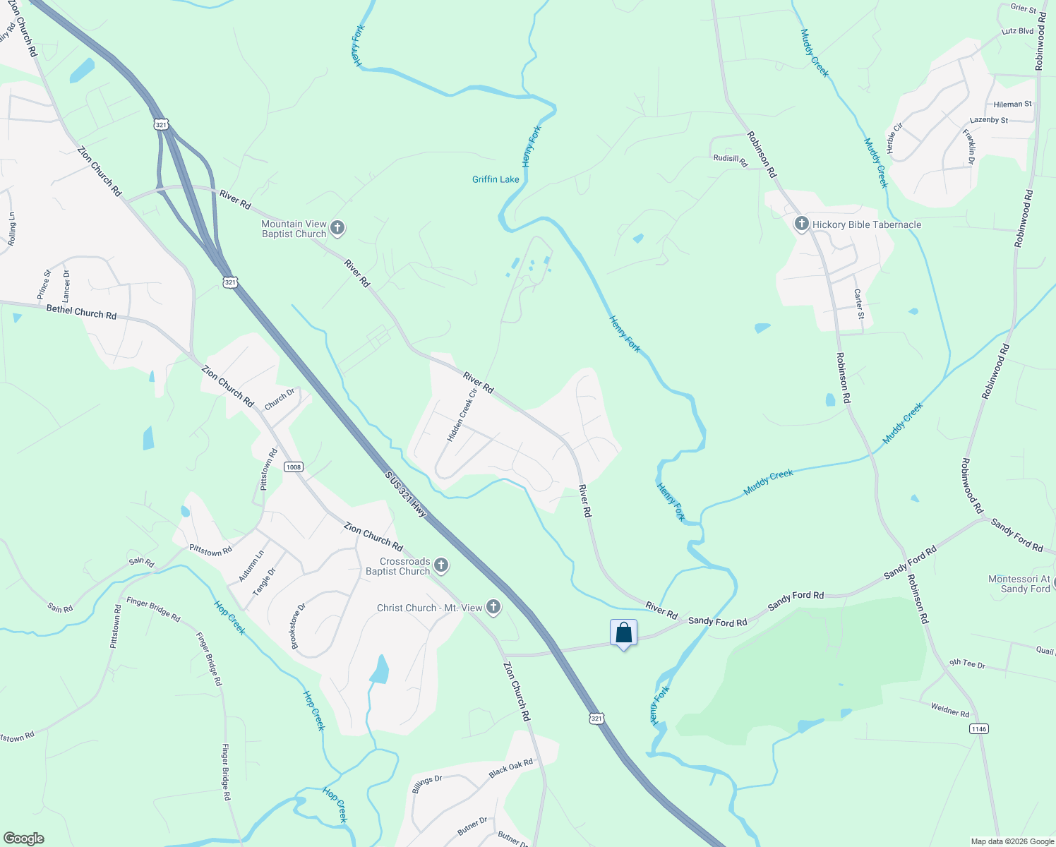 map of restaurants, bars, coffee shops, grocery stores, and more near 3897 River Road in Hickory