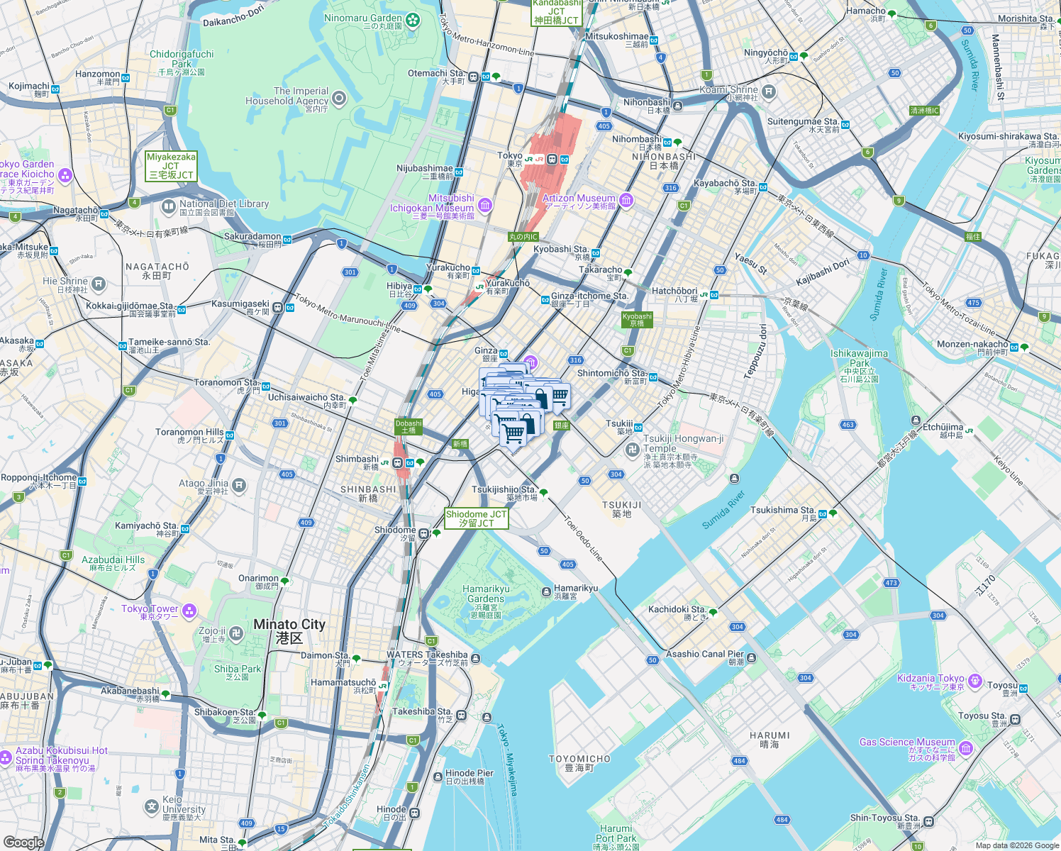 map of restaurants, bars, coffee shops, grocery stores, and more near in Chuo City