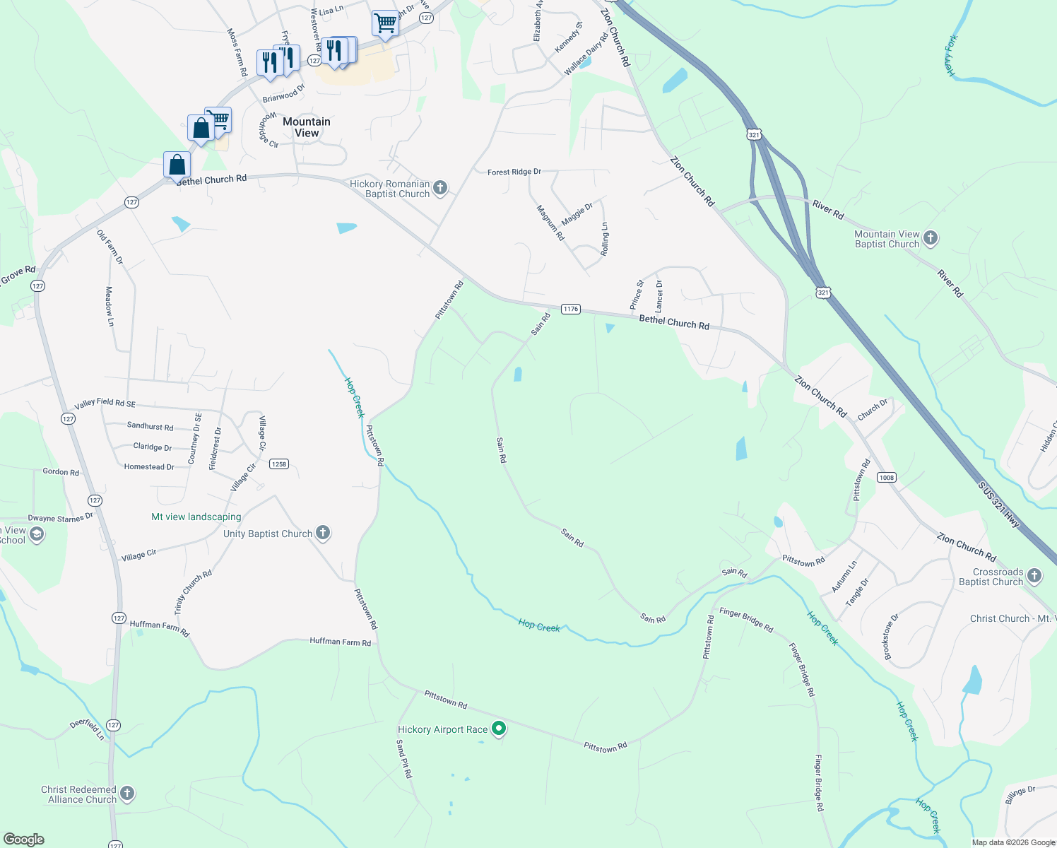 map of restaurants, bars, coffee shops, grocery stores, and more near 1610 Sain Rd in Hickory