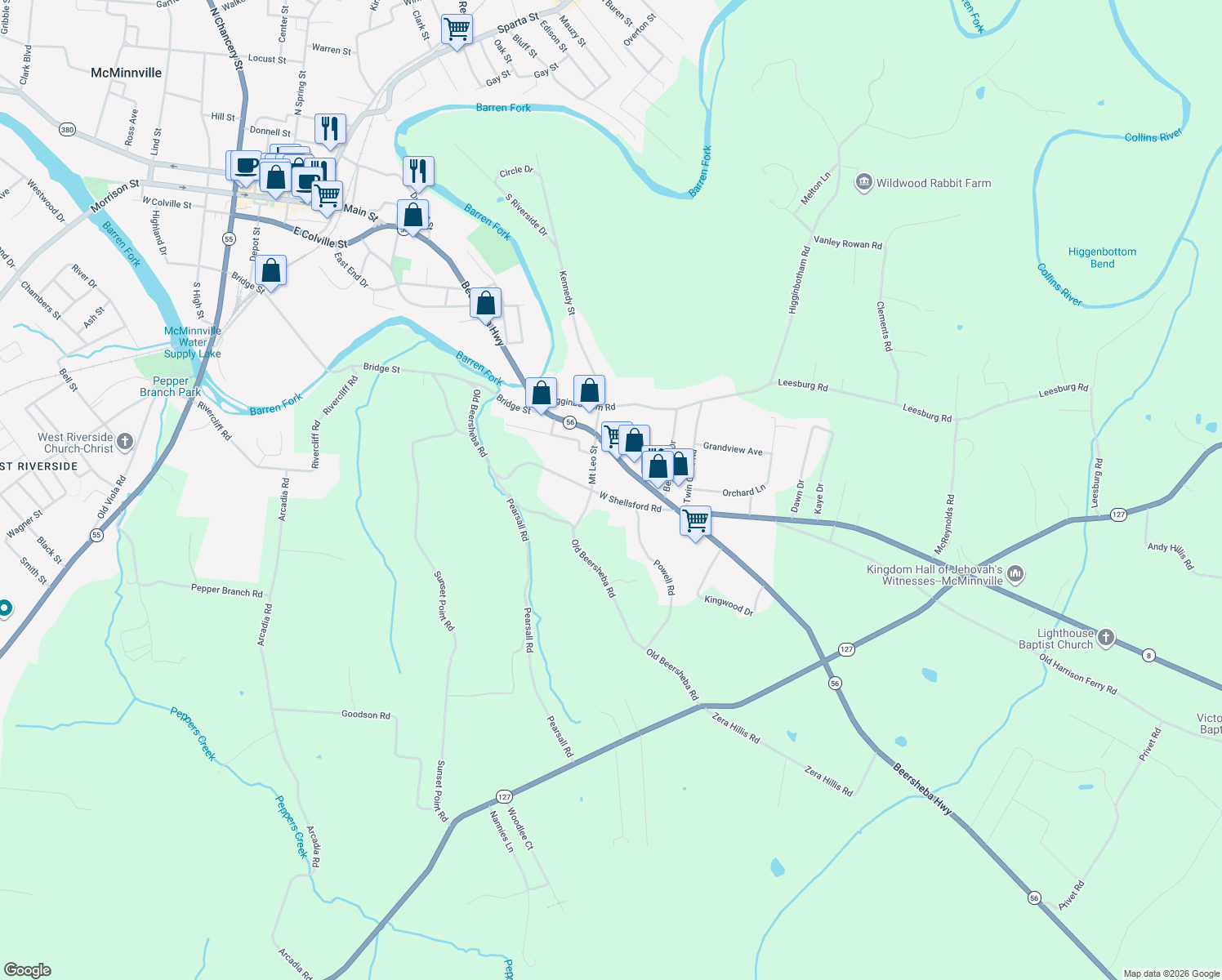 map of restaurants, bars, coffee shops, grocery stores, and more near 128 West Shellsford Road in McMinnville