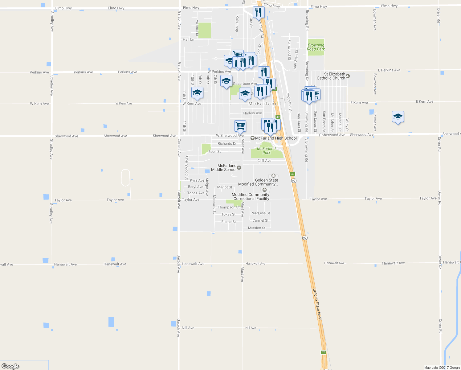 map of restaurants, bars, coffee shops, grocery stores, and more near 488 Merlot Street in McFarland