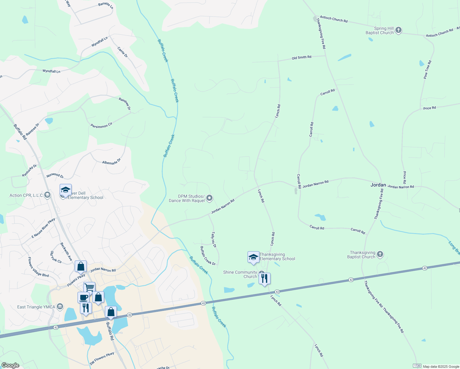 map of restaurants, bars, coffee shops, grocery stores, and more near 118 Boyette Drive in Selma