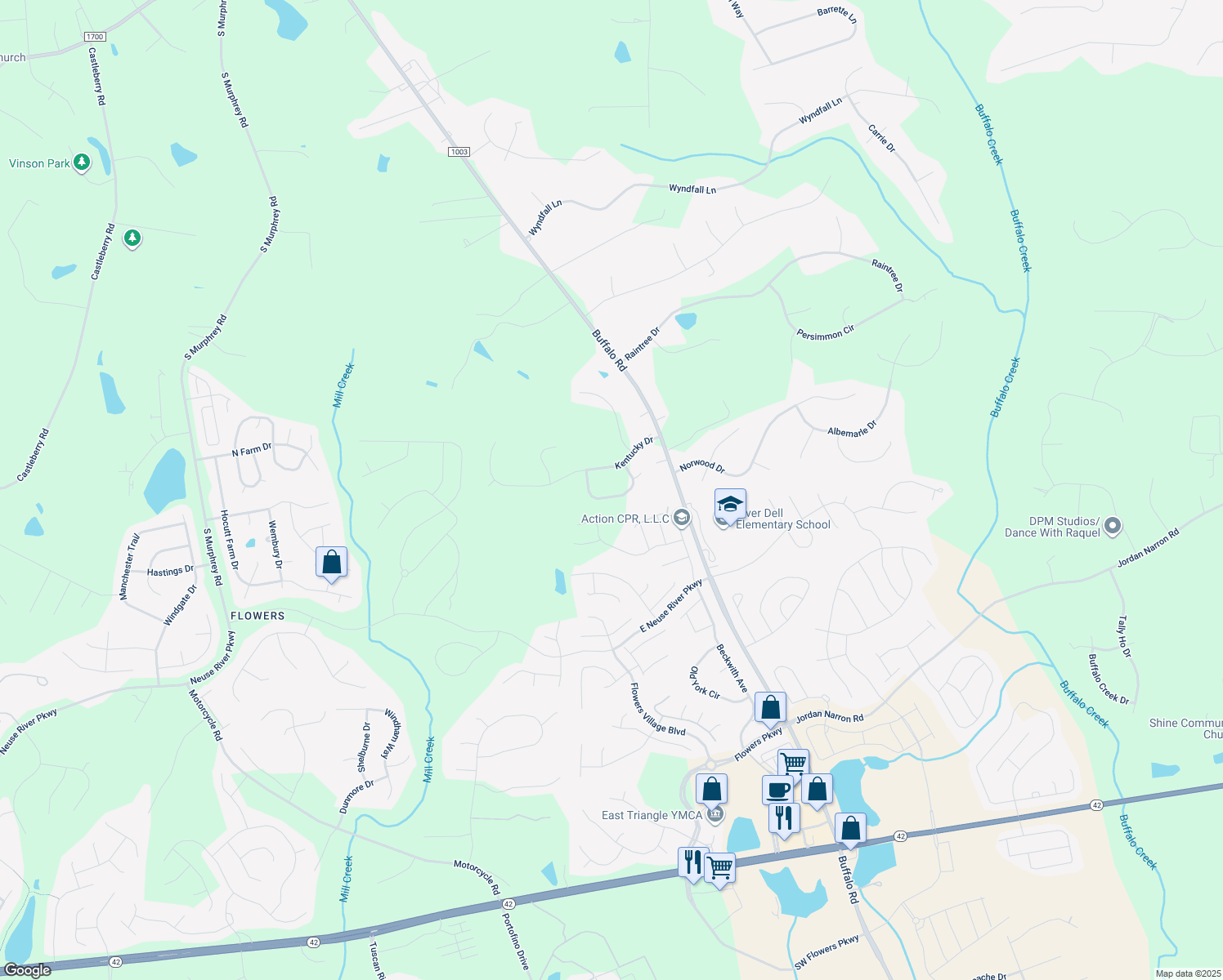 map of restaurants, bars, coffee shops, grocery stores, and more near 420 Triple Crown Circle in Clayton
