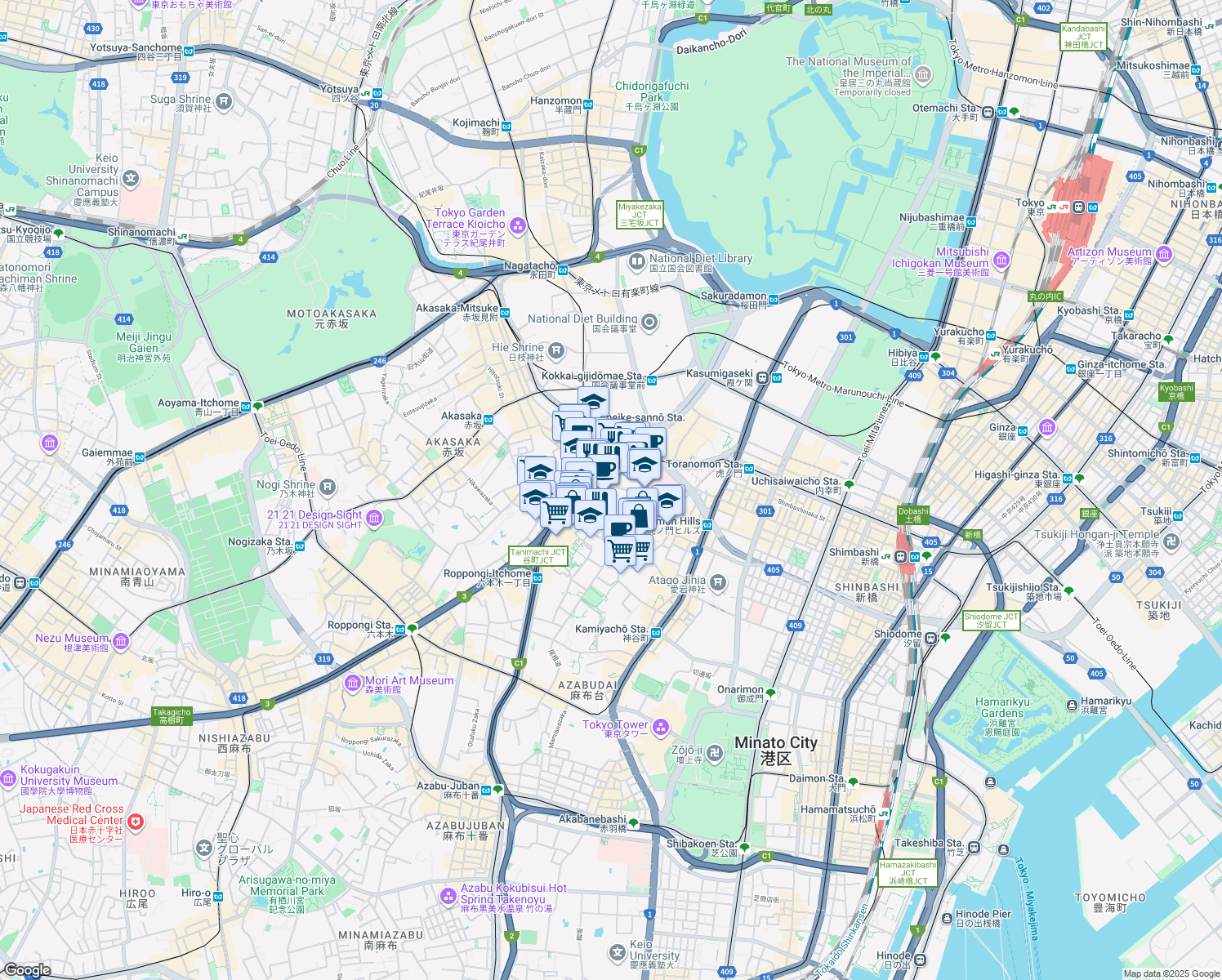 map of restaurants, bars, coffee shops, grocery stores, and more near in Minato City
