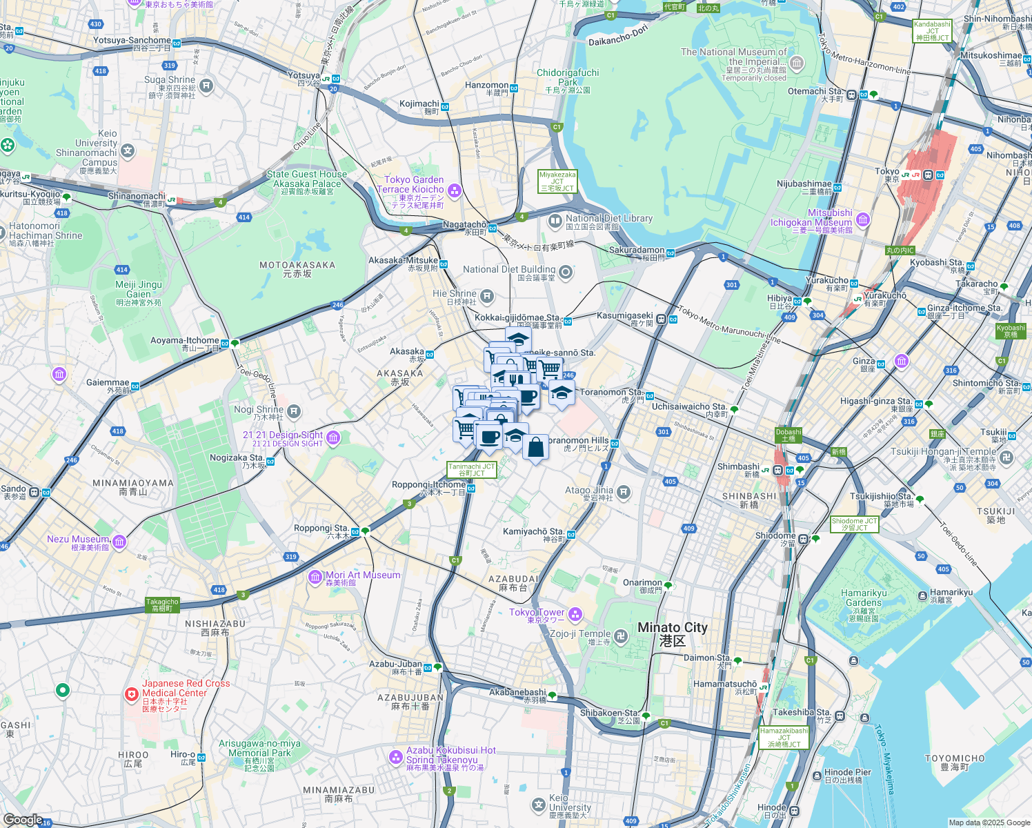 map of restaurants, bars, coffee shops, grocery stores, and more near in Minato-ku