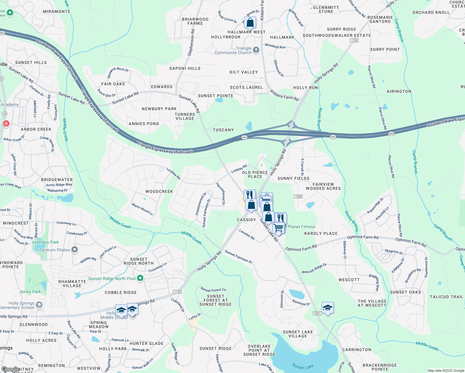 map of restaurants, bars, coffee shops, grocery stores, and more near 5128 Sunset Lake Rd in Apex
