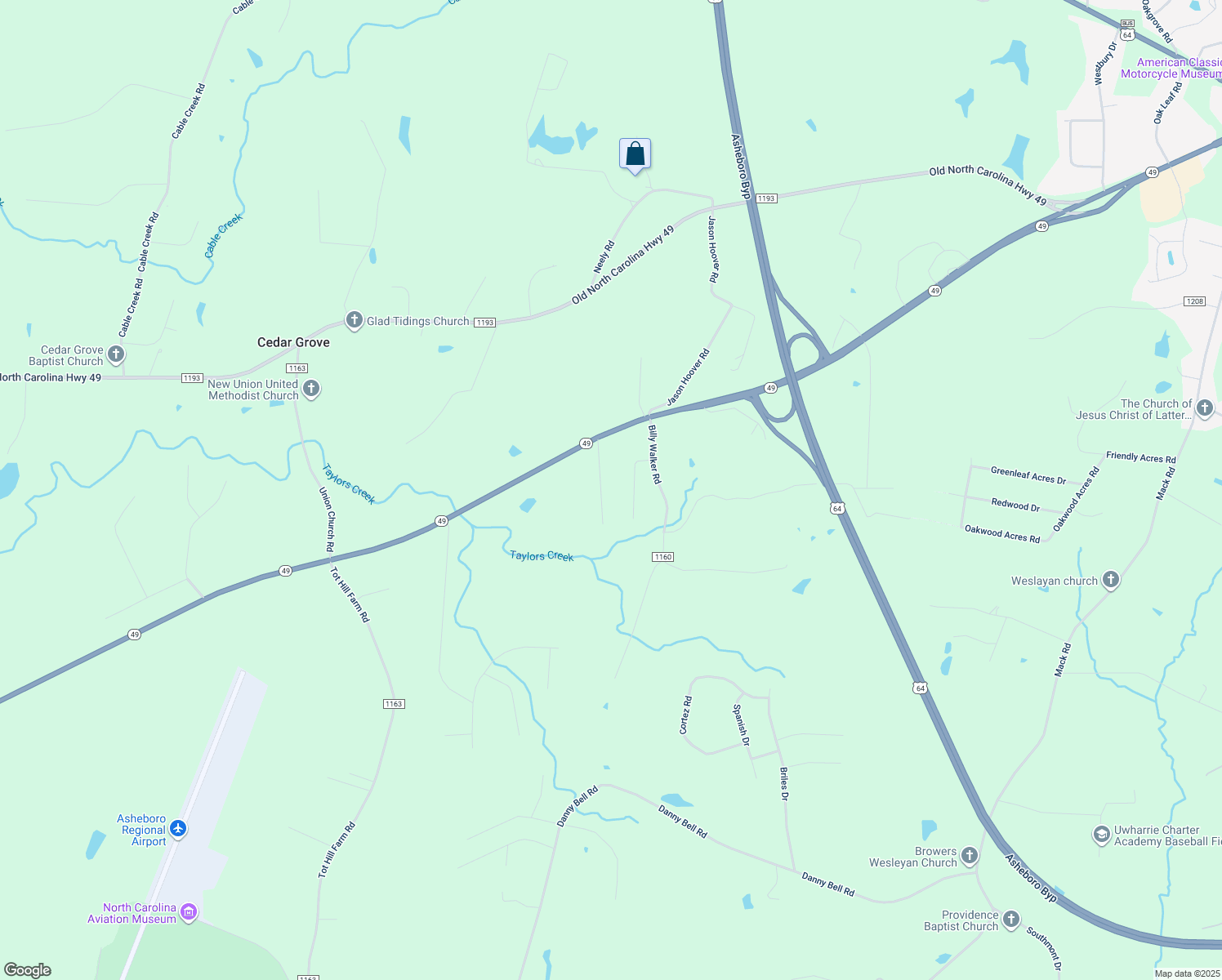 map of restaurants, bars, coffee shops, grocery stores, and more near 1173 Sheridan Drive in Asheboro