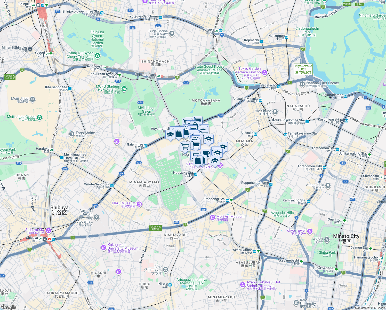 map of restaurants, bars, coffee shops, grocery stores, and more near in Minato City