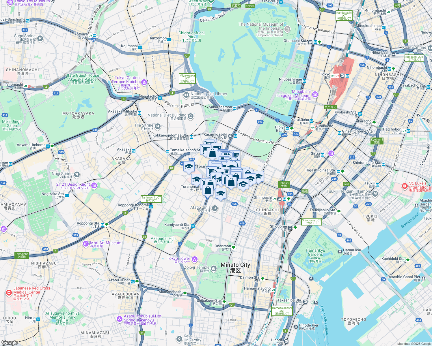 map of restaurants, bars, coffee shops, grocery stores, and more near in Minato City