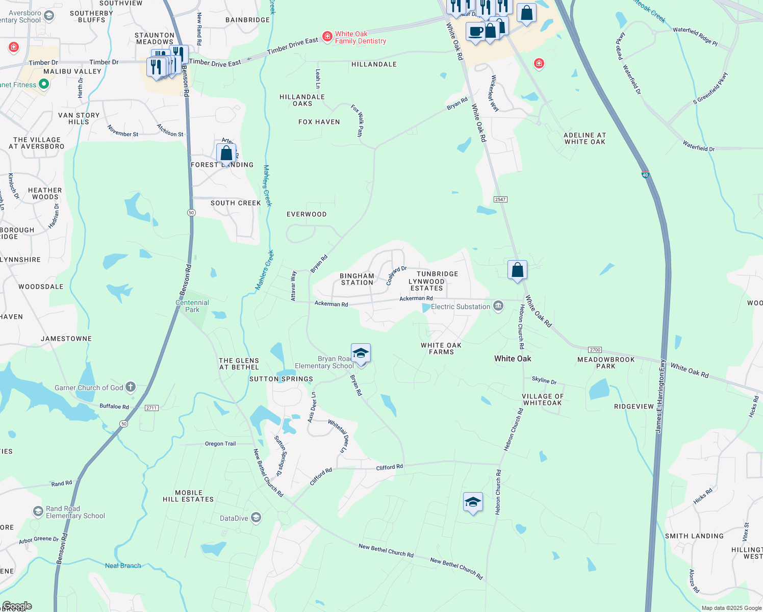 map of restaurants, bars, coffee shops, grocery stores, and more near 133 Depot Ridge Road in Garner