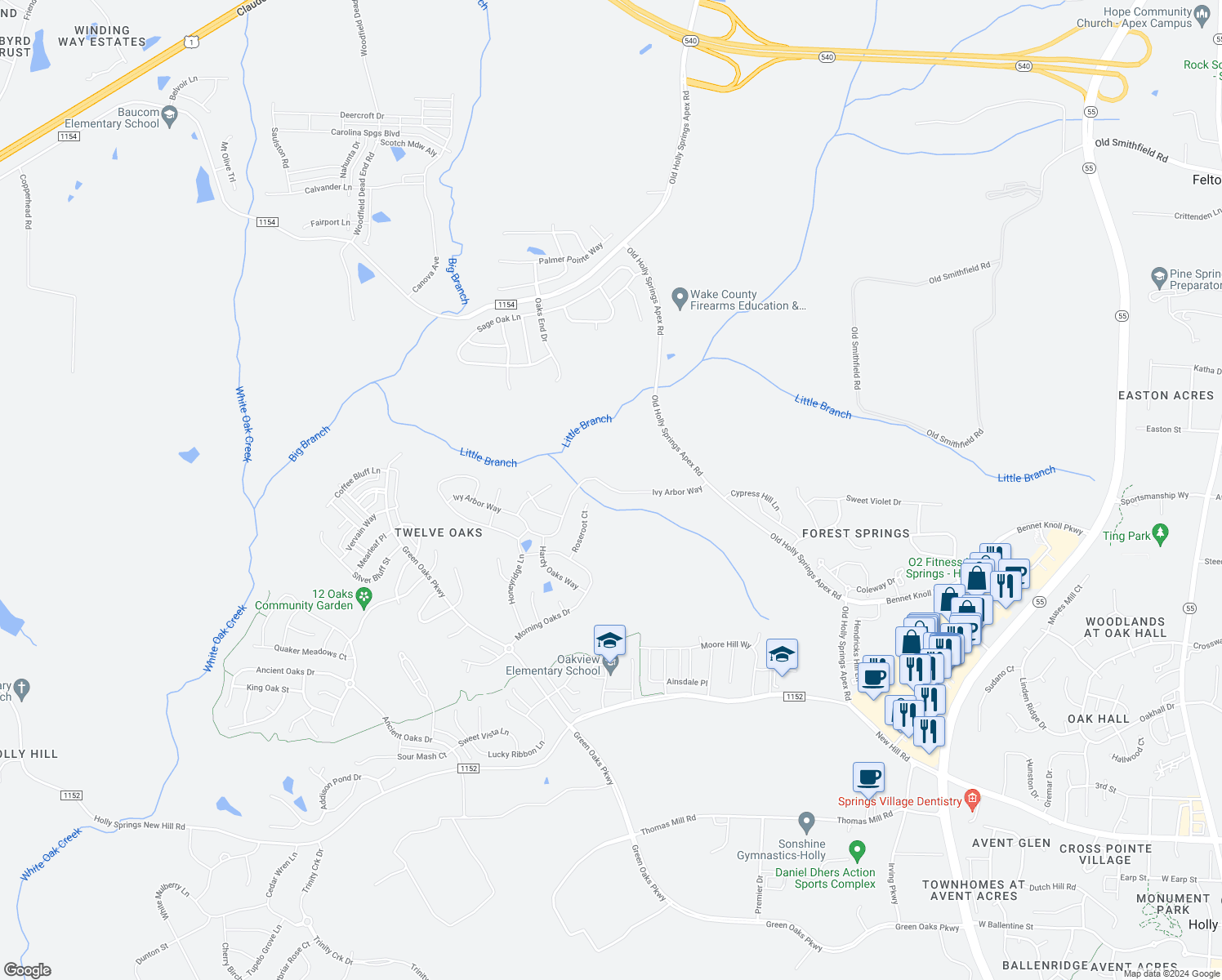 map of restaurants, bars, coffee shops, grocery stores, and more near 325 Ivy Arbor Way in Holly Springs