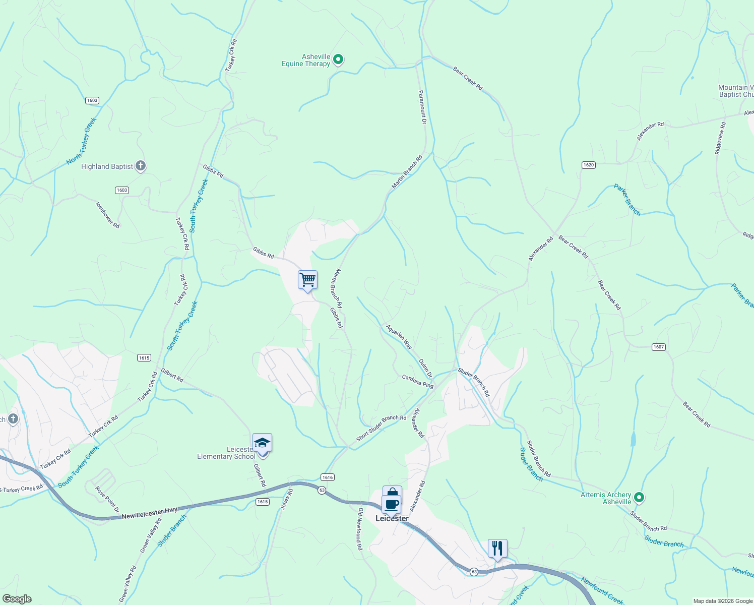 map of restaurants, bars, coffee shops, grocery stores, and more near 616 Southern Pines Place in Leicester