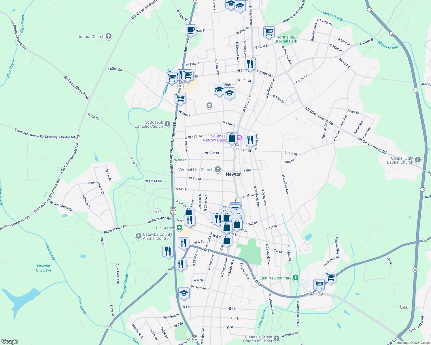 map of restaurants, bars, coffee shops, grocery stores, and more near 123 W 8th St in Newton