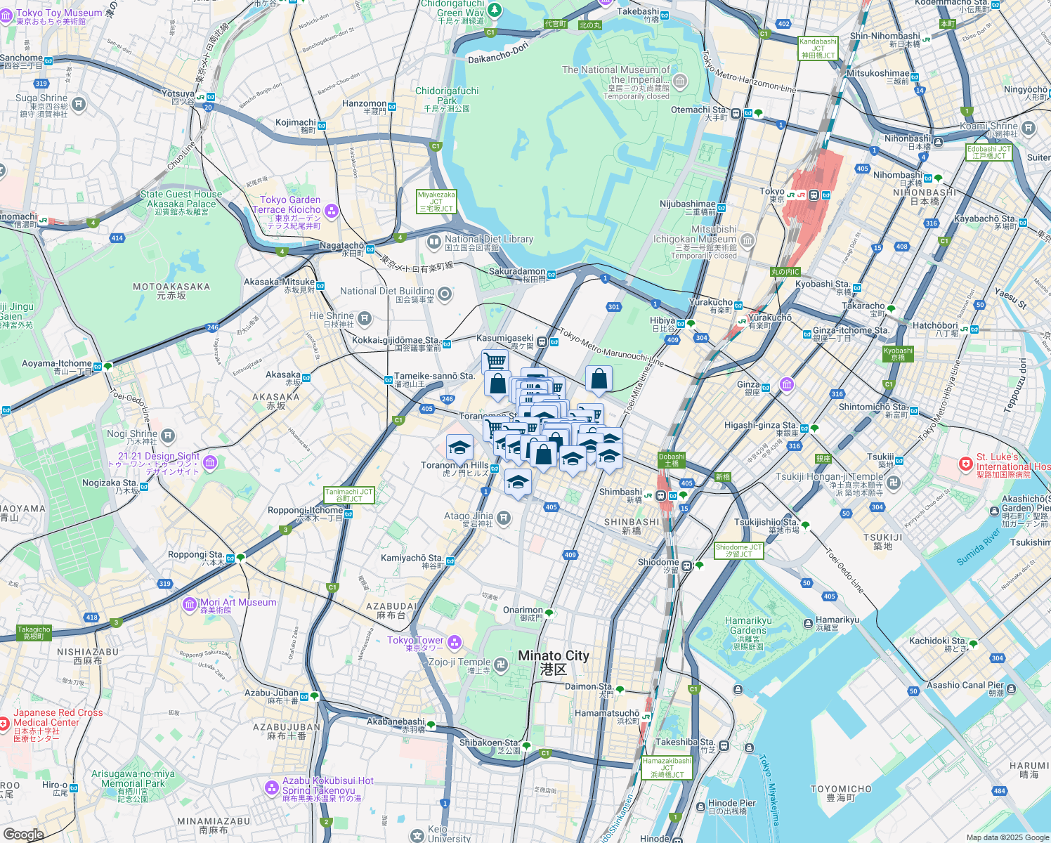 map of restaurants, bars, coffee shops, grocery stores, and more near in Minato City