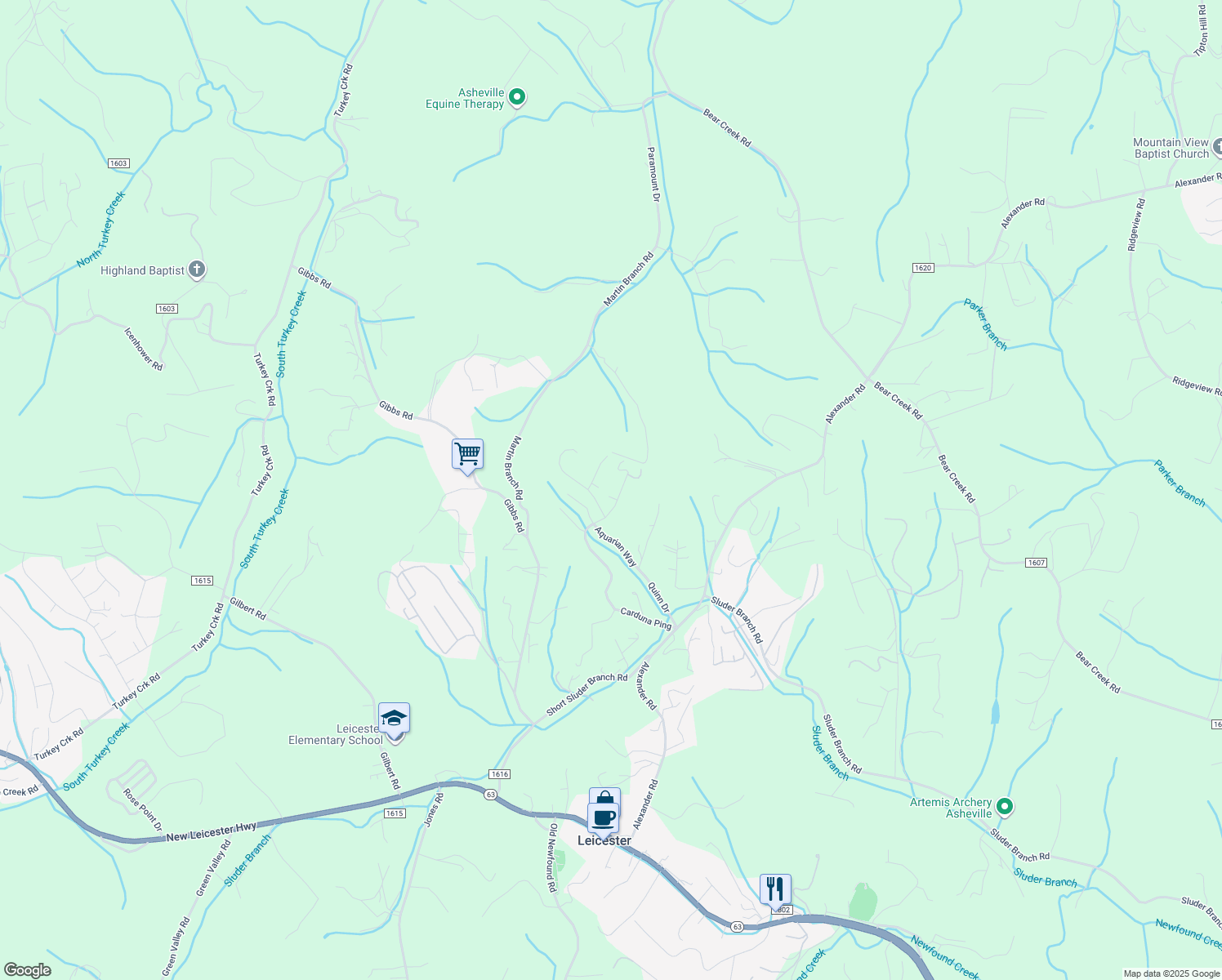 map of restaurants, bars, coffee shops, grocery stores, and more near 128 Quiet Woods Drive in Leicester