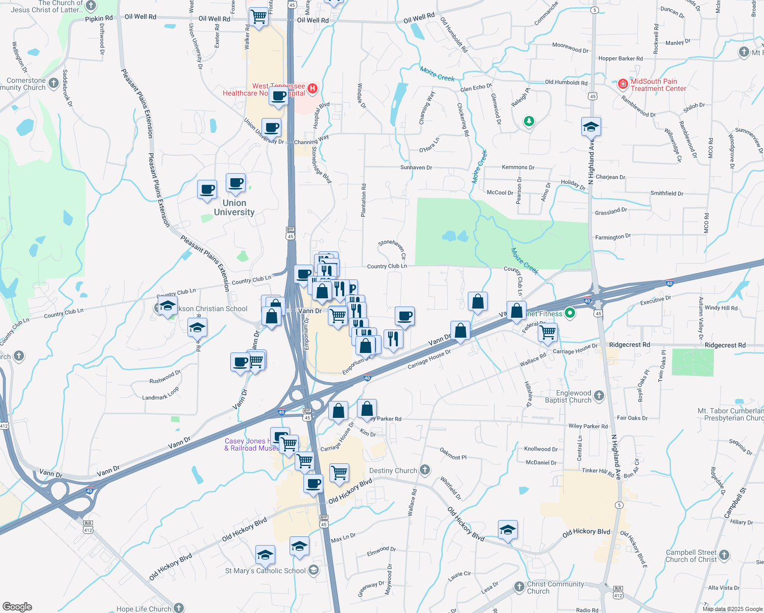 map of restaurants, bars, coffee shops, grocery stores, and more near 79 Windemere Cir in Jackson