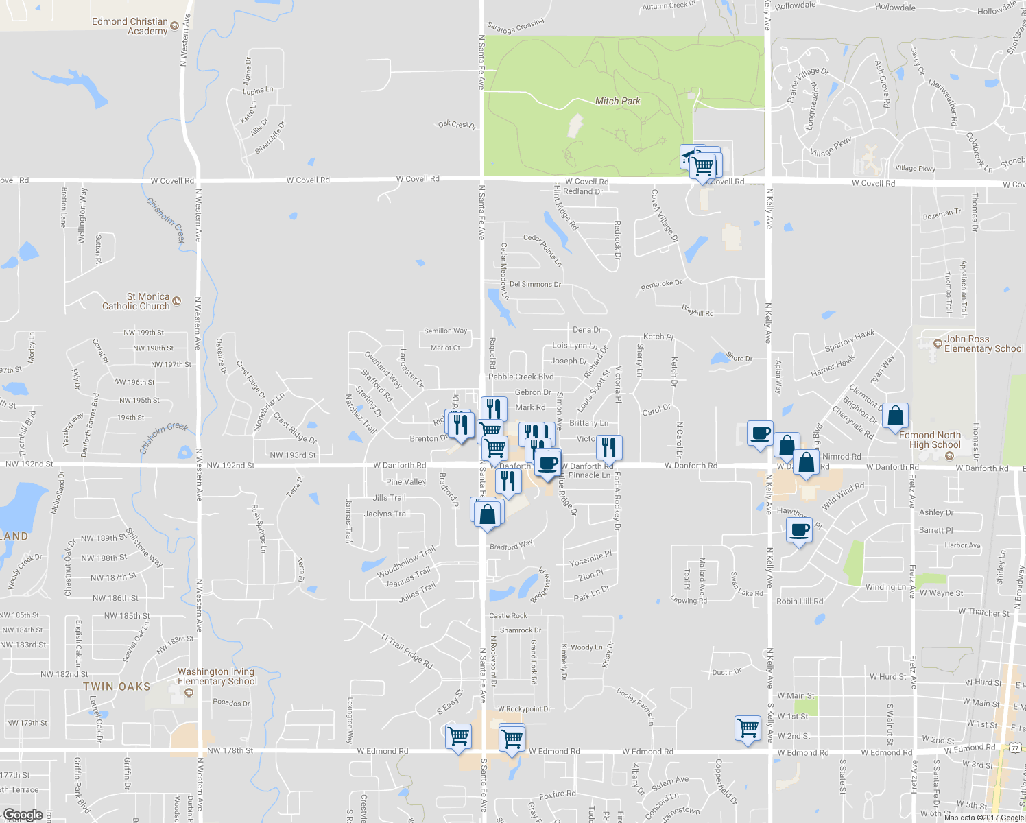 map of restaurants, bars, coffee shops, grocery stores, and more near 2104 Mark Road in Edmond
