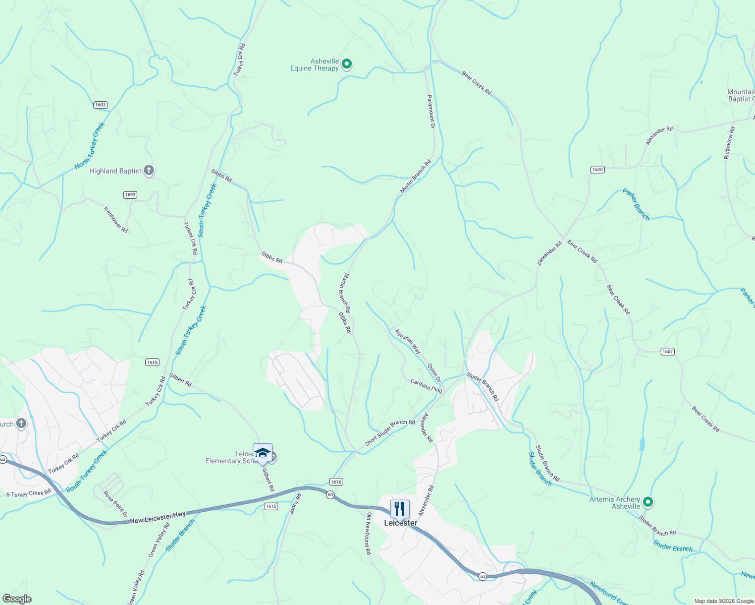 map of restaurants, bars, coffee shops, grocery stores, and more near 616 Southern Pines Place in Leicester