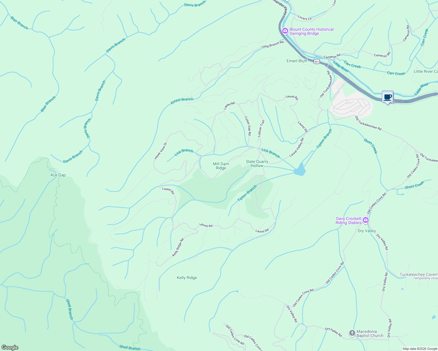 map of restaurants, bars, coffee shops, grocery stores, and more near 411 Settlers Rise Road in Townsend