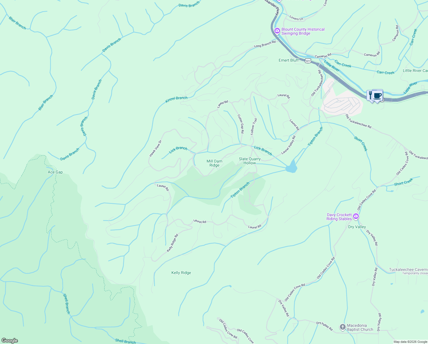 map of restaurants, bars, coffee shops, grocery stores, and more near 411 Settlers Rise Road in Townsend