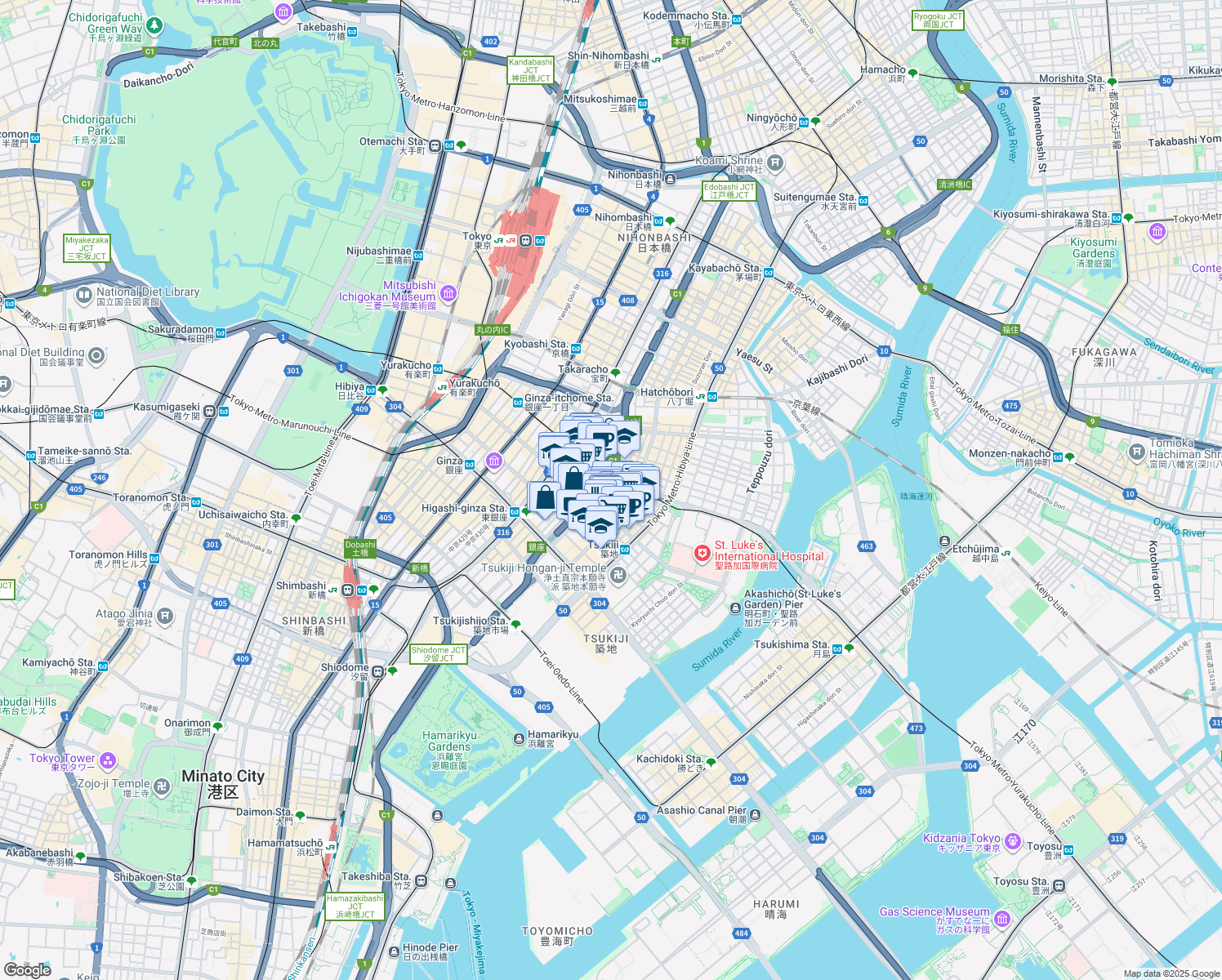 map of restaurants, bars, coffee shops, grocery stores, and more near in Chuo City