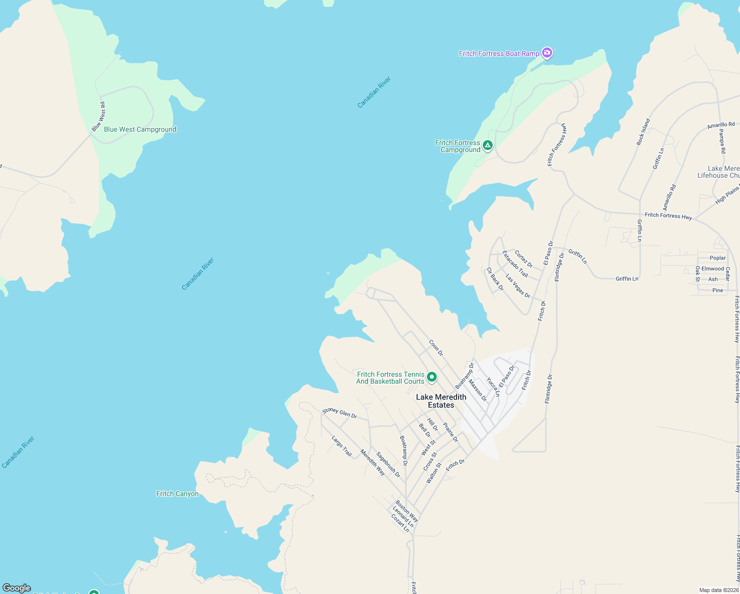 map of restaurants, bars, coffee shops, grocery stores, and more near Clubhouse Drive in Fritch