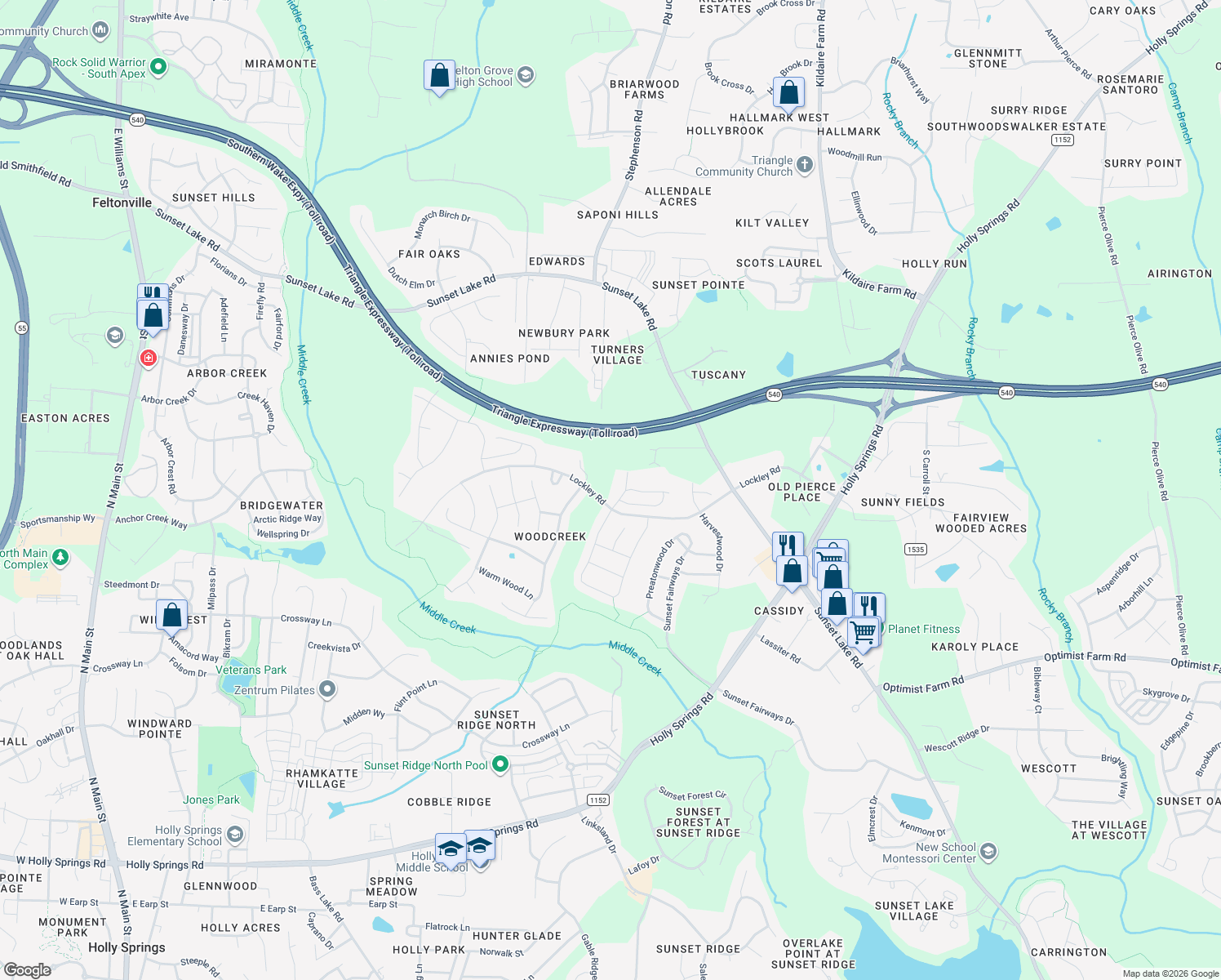 map of restaurants, bars, coffee shops, grocery stores, and more near 5200 Lockley Road in Apex