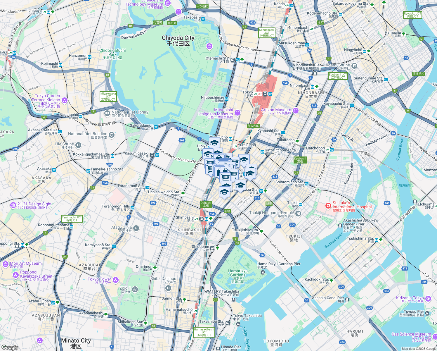 map of restaurants, bars, coffee shops, grocery stores, and more near in Chuo City