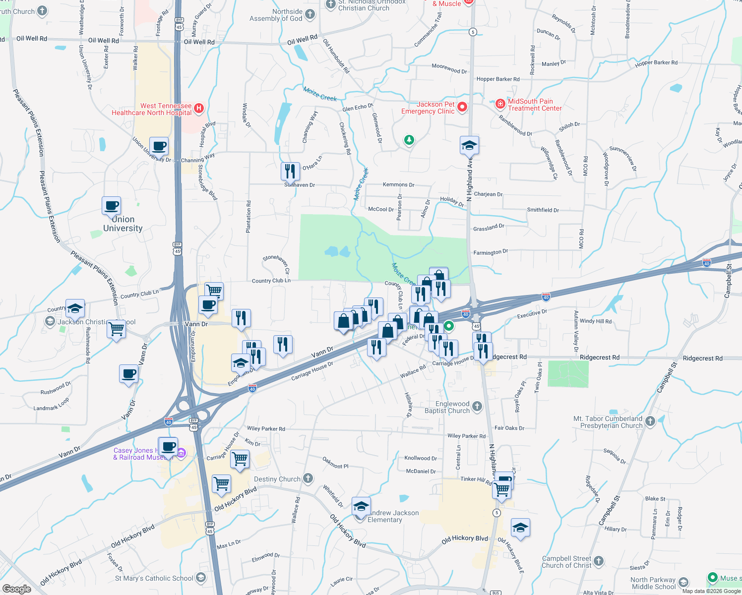 map of restaurants, bars, coffee shops, grocery stores, and more near 194 Country Club Ln in Jackson