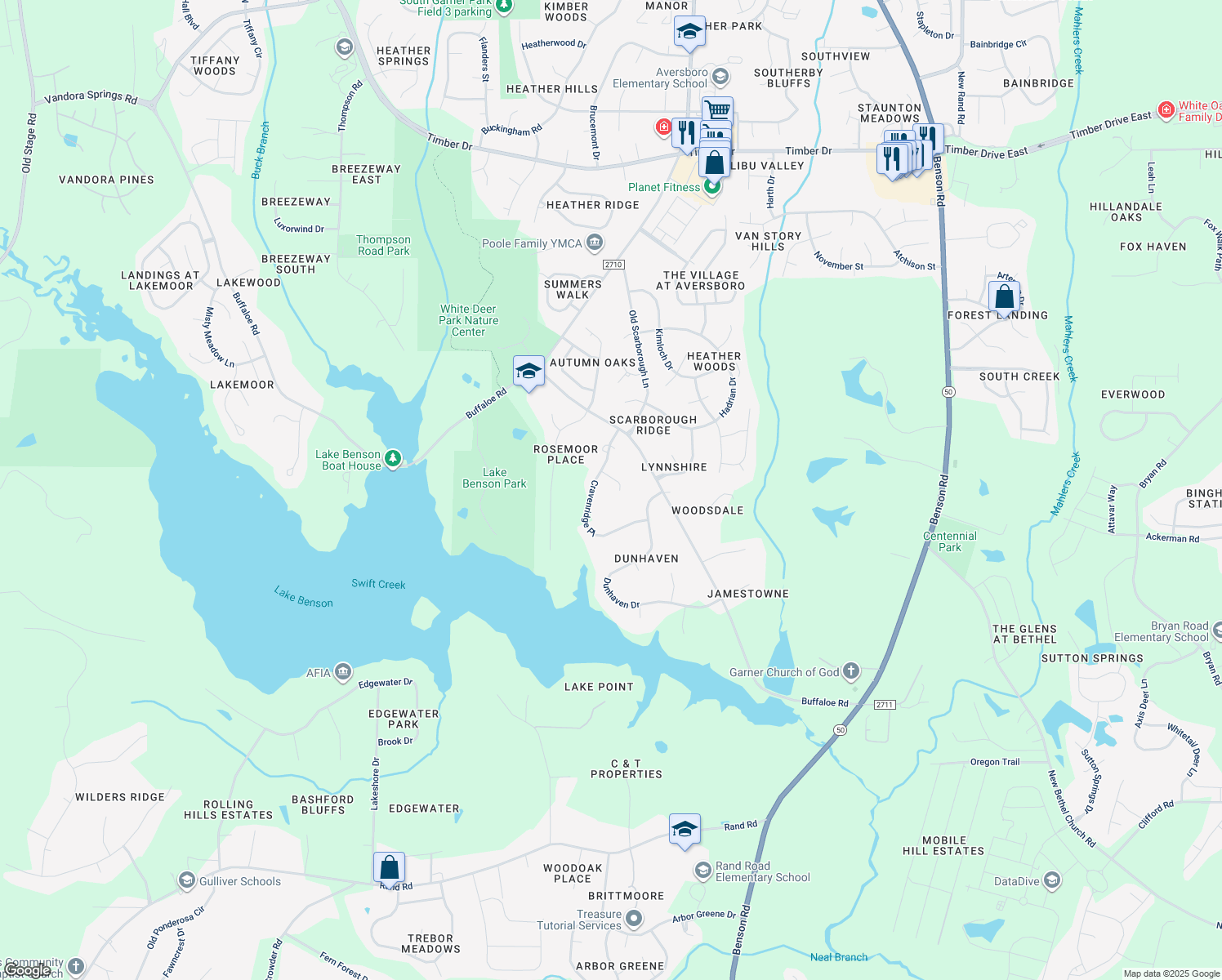 map of restaurants, bars, coffee shops, grocery stores, and more near 2702 Falkirk Place in Garner