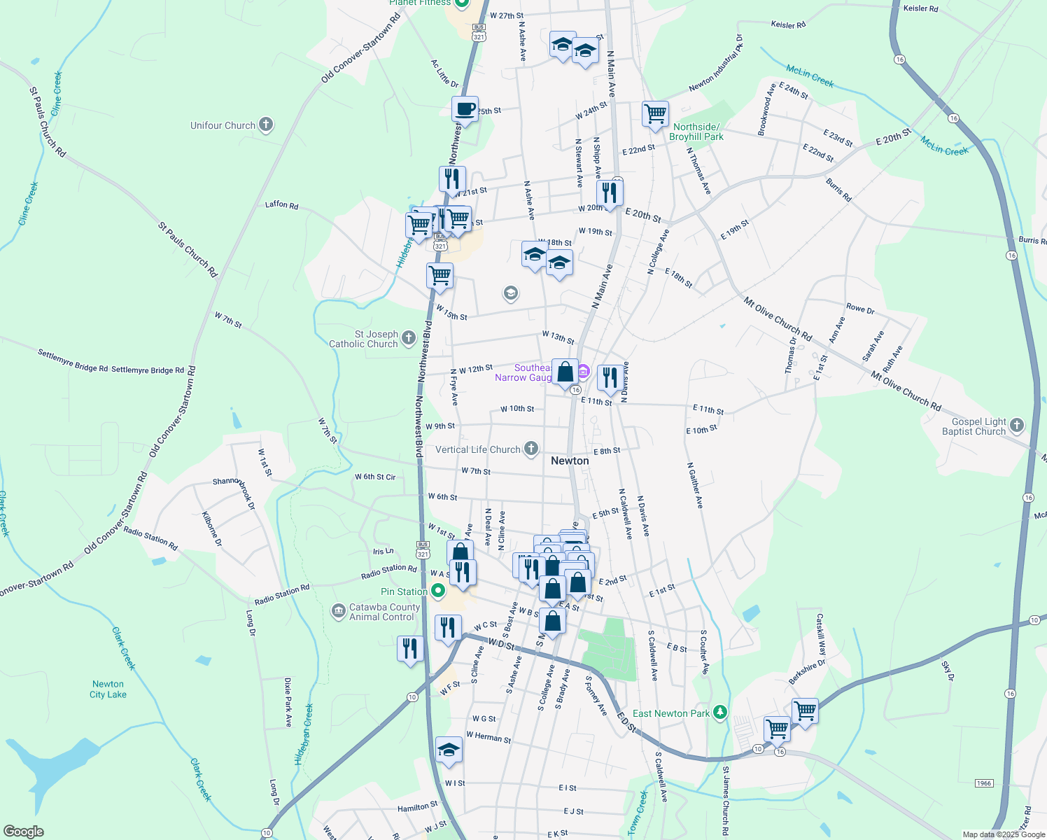 map of restaurants, bars, coffee shops, grocery stores, and more near 200 W 9th St in Newton