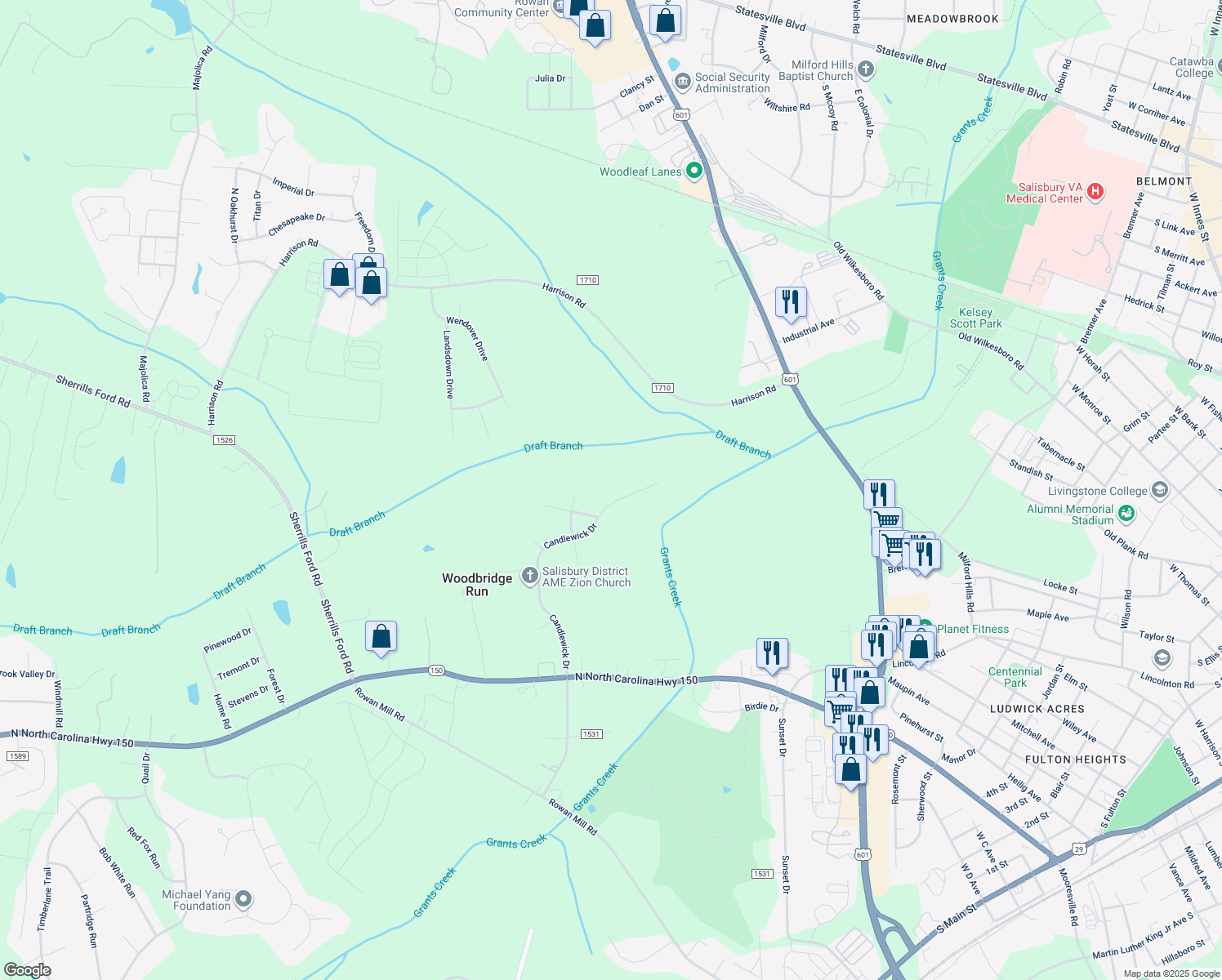 map of restaurants, bars, coffee shops, grocery stores, and more near 710 Candlewick Dr in Salisbury