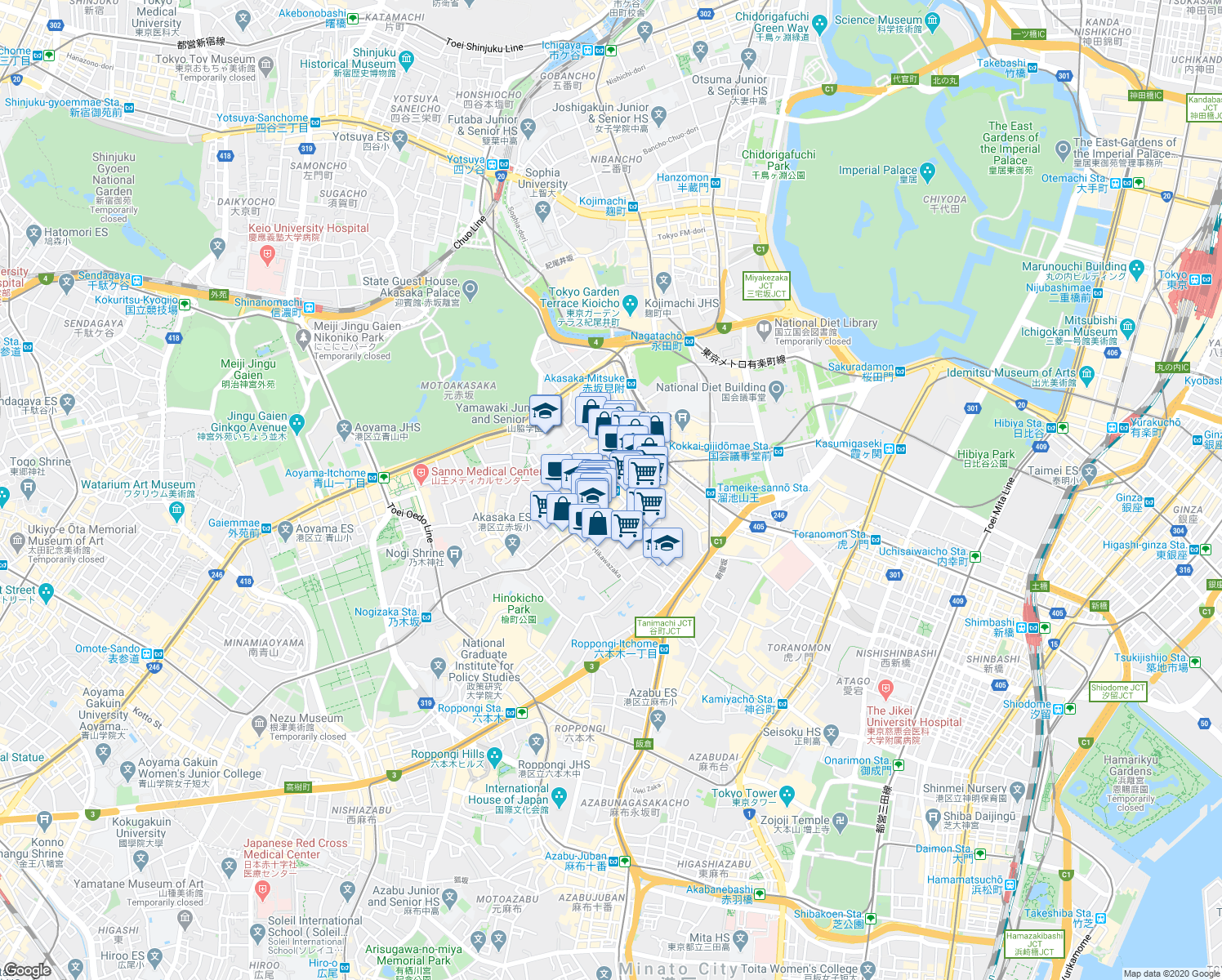 map of restaurants, bars, coffee shops, grocery stores, and more near in Minato-ku