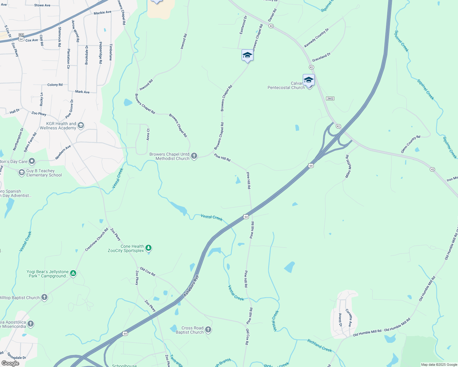 map of restaurants, bars, coffee shops, grocery stores, and more near 1150 Pine Hill Road in Asheboro