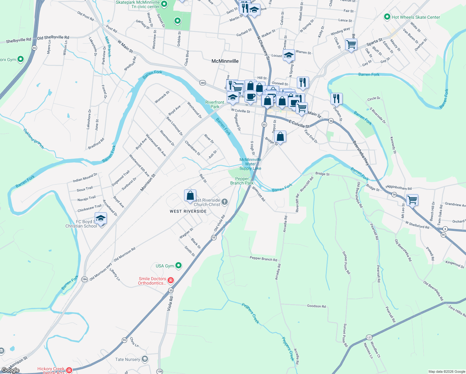 map of restaurants, bars, coffee shops, grocery stores, and more near 131 Old Morrison Road in McMinnville