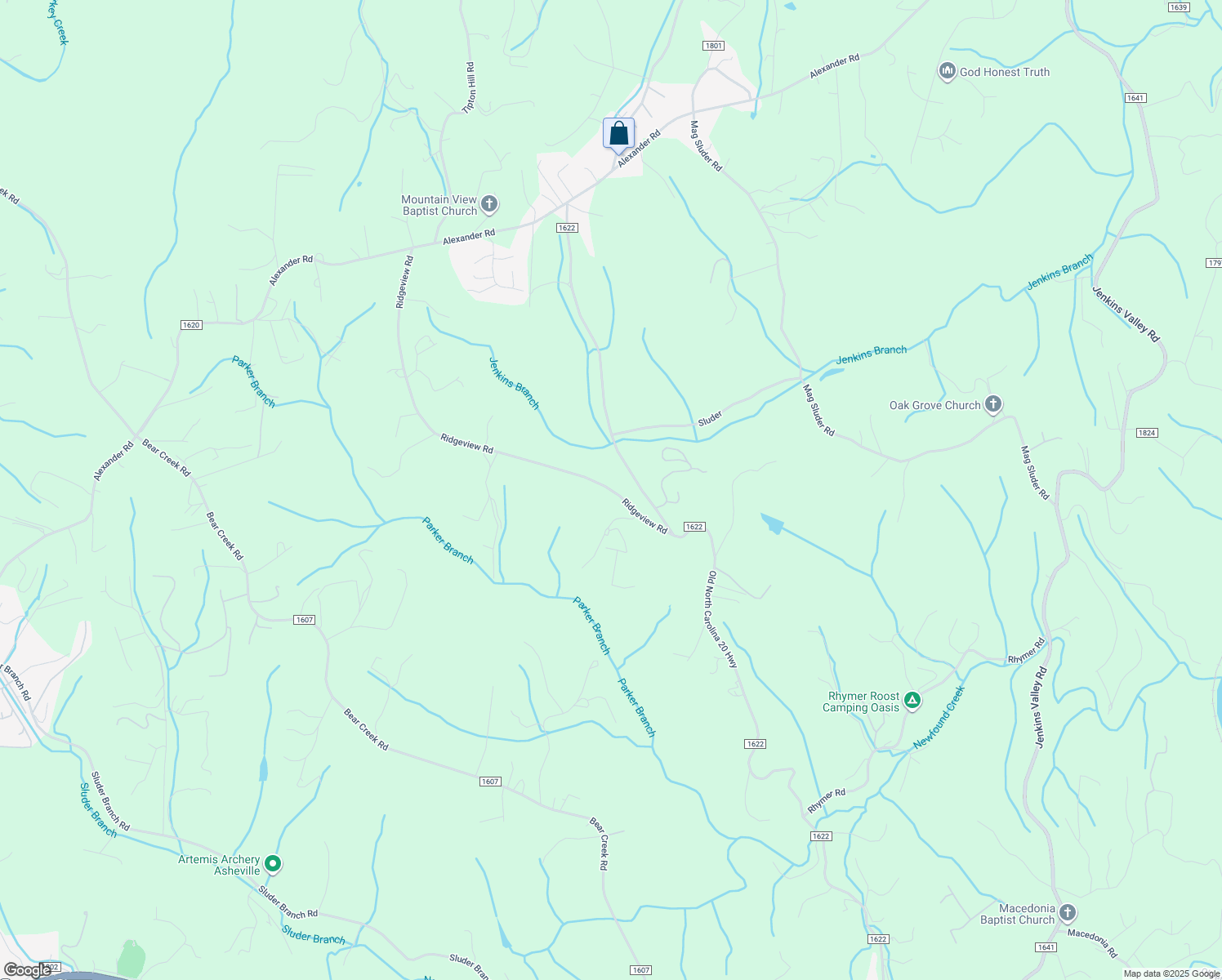 map of restaurants, bars, coffee shops, grocery stores, and more near 95 Ridgeview Road in Alexander