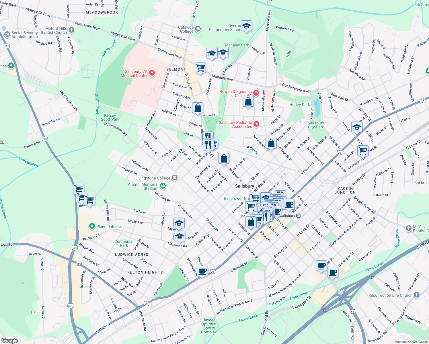 map of restaurants, bars, coffee shops, grocery stores, and more near 801 W Fisher St in Salisbury
