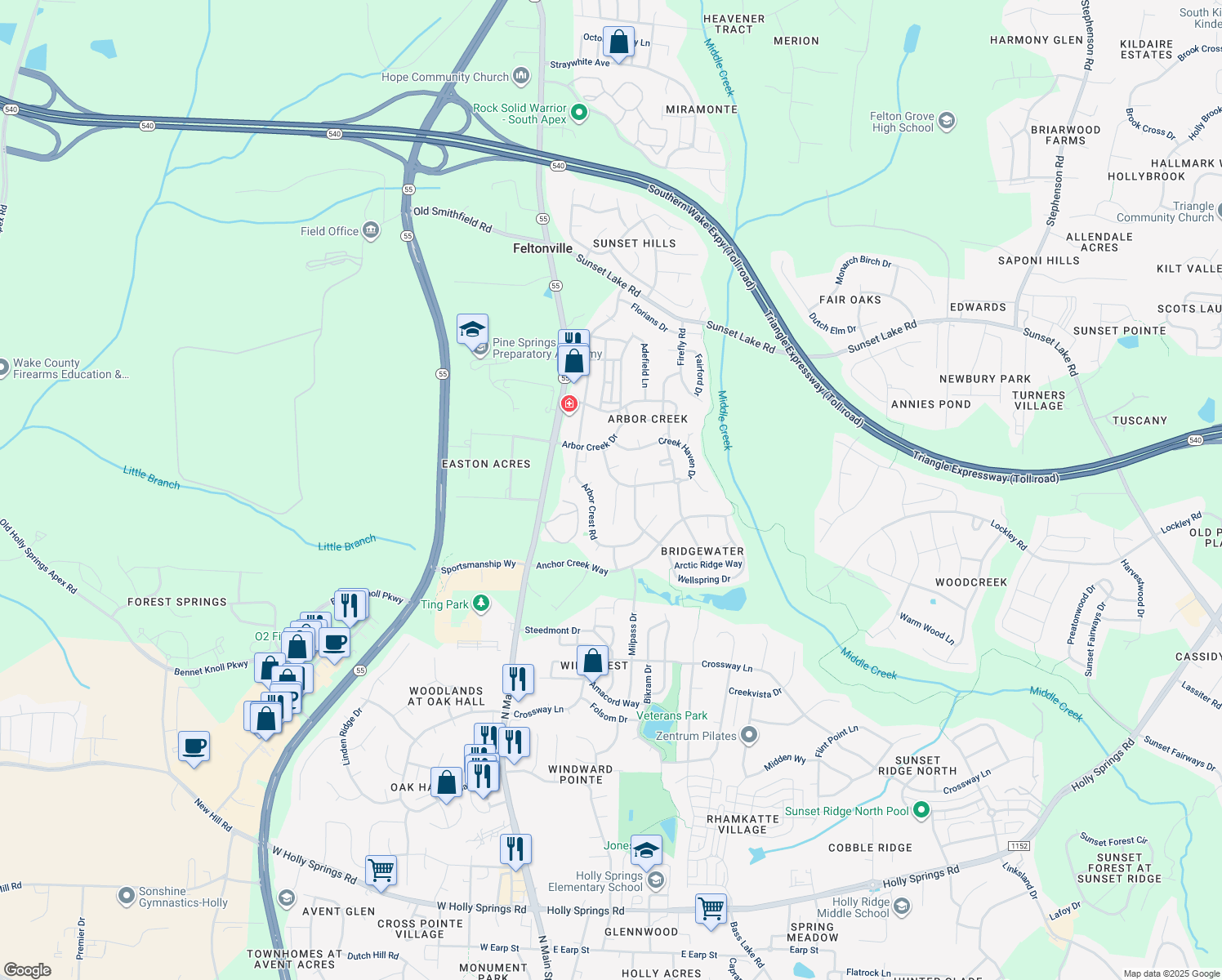 map of restaurants, bars, coffee shops, grocery stores, and more near 104 Morena Drive in Holly Springs