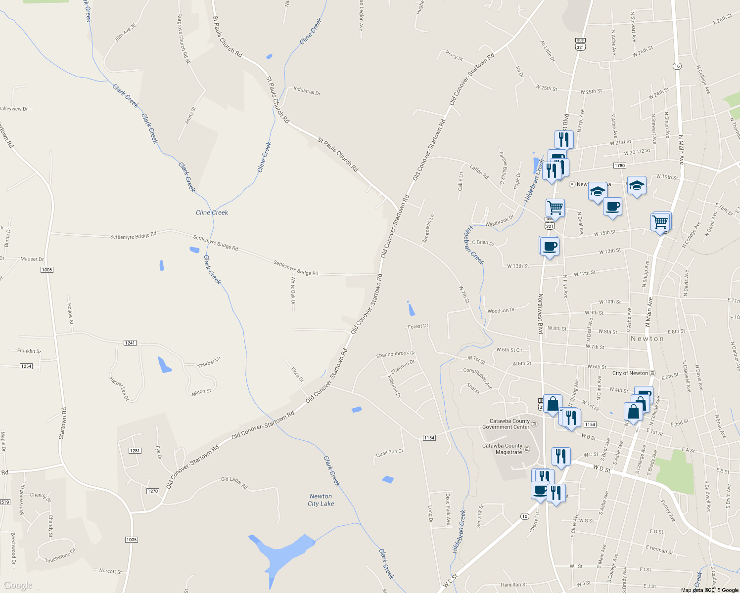 map of restaurants, bars, coffee shops, grocery stores, and more near 1789 Old Conover-Startown Rd in Newton