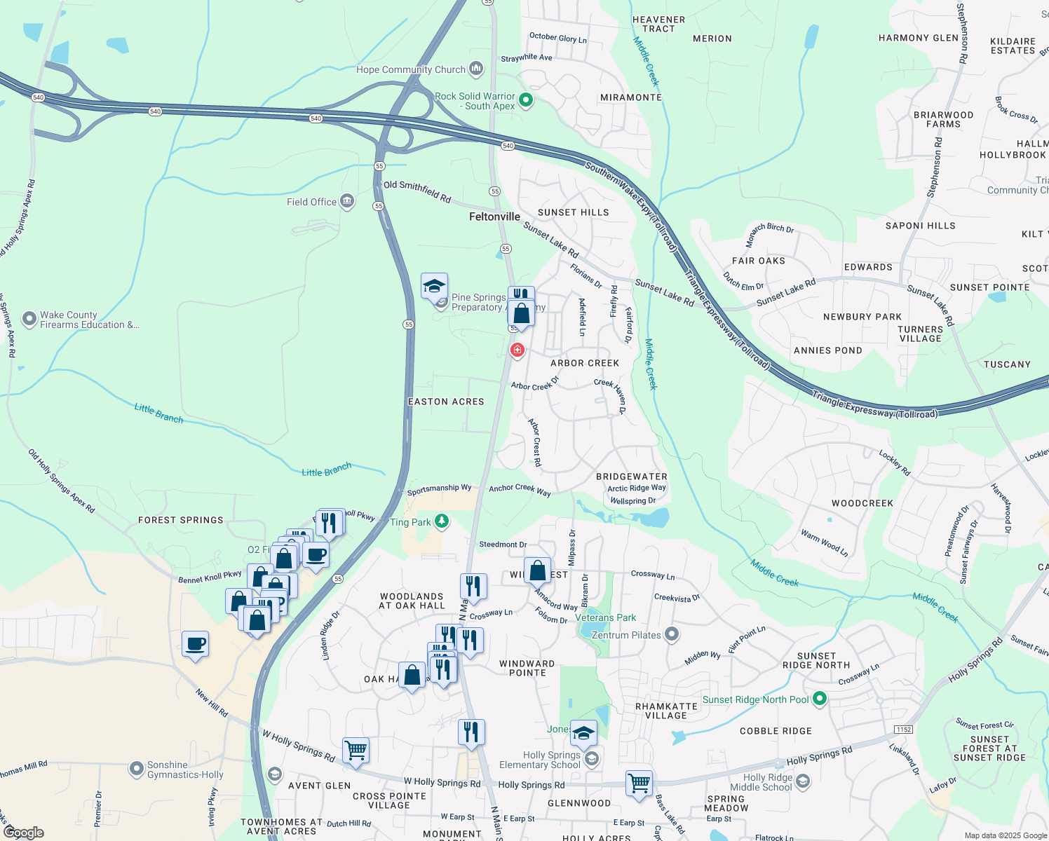map of restaurants, bars, coffee shops, grocery stores, and more near 204 Arbor Crest Road in Holly Springs