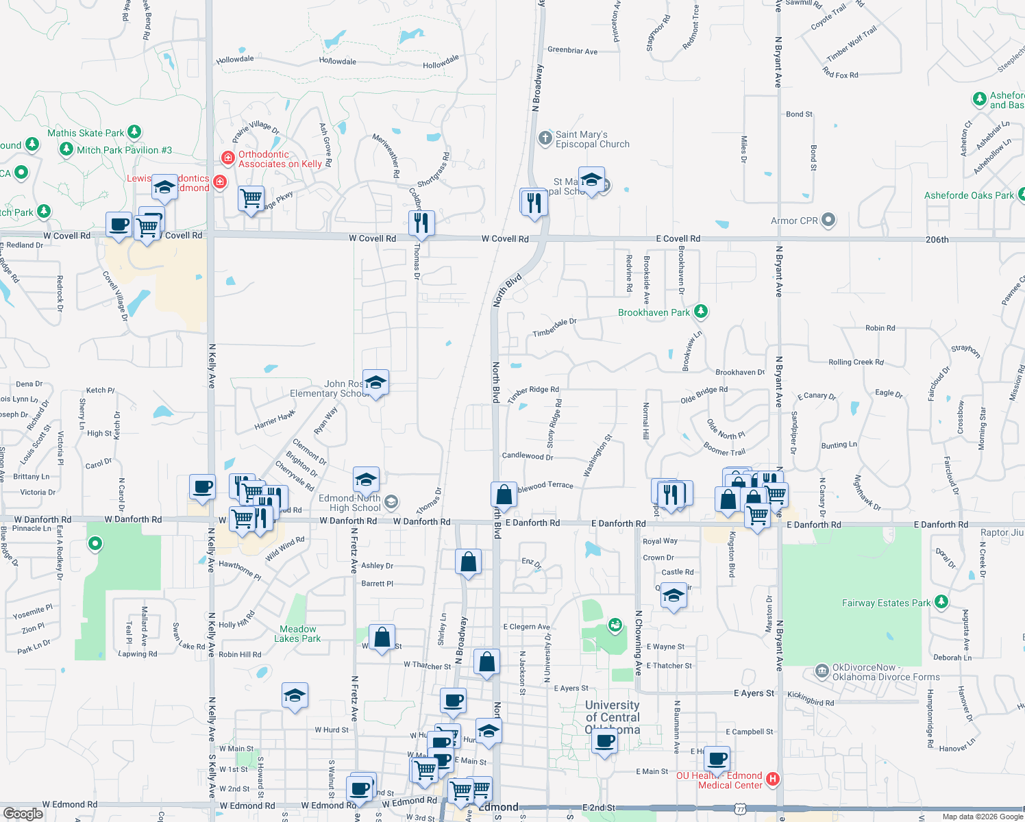 map of restaurants, bars, coffee shops, grocery stores, and more near 1808 Timber Ridge Rd in Edmond