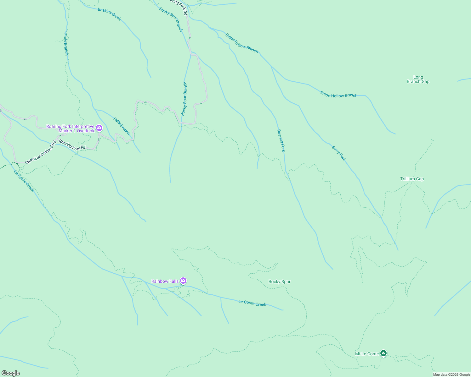 map of restaurants, bars, coffee shops, grocery stores, and more near Trillium Gap Trail in Gatlinburg