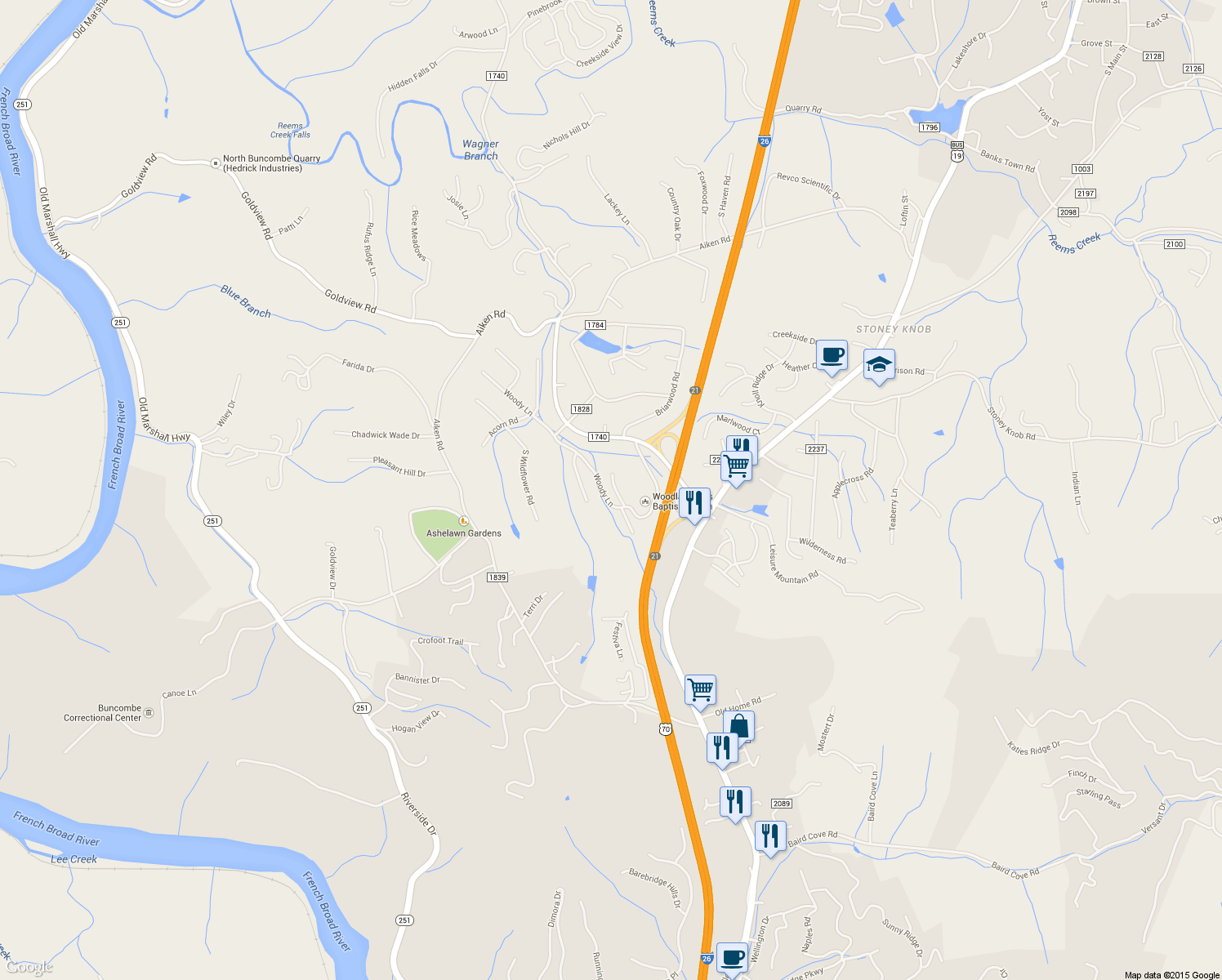 map of restaurants, bars, coffee shops, grocery stores, and more near 730 Woodland Ridge in Asheville