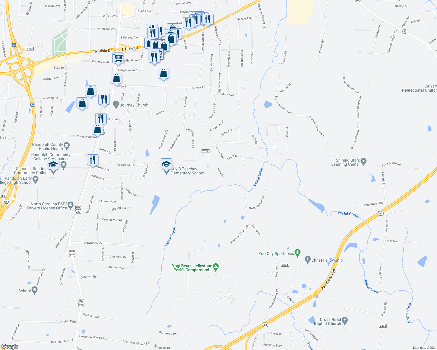 map of restaurants, bars, coffee shops, grocery stores, and more near 816 Holly Drive in Asheboro