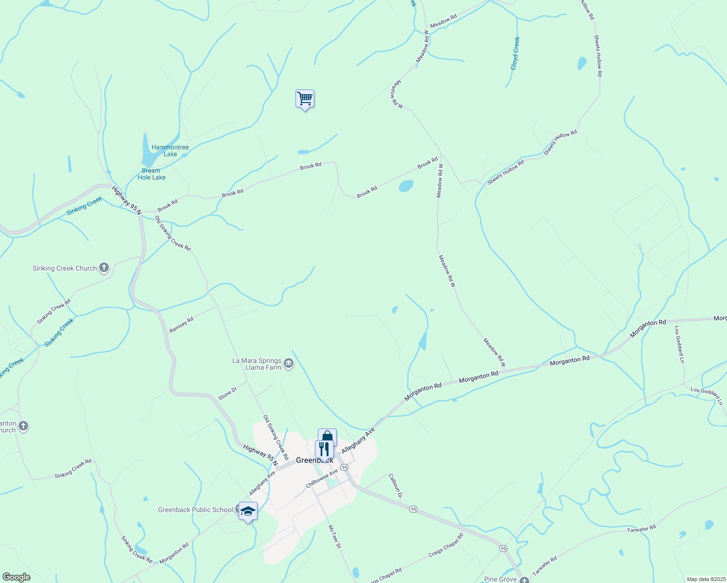map of restaurants, bars, coffee shops, grocery stores, and more near 2901 Meadow Road West in Greenback