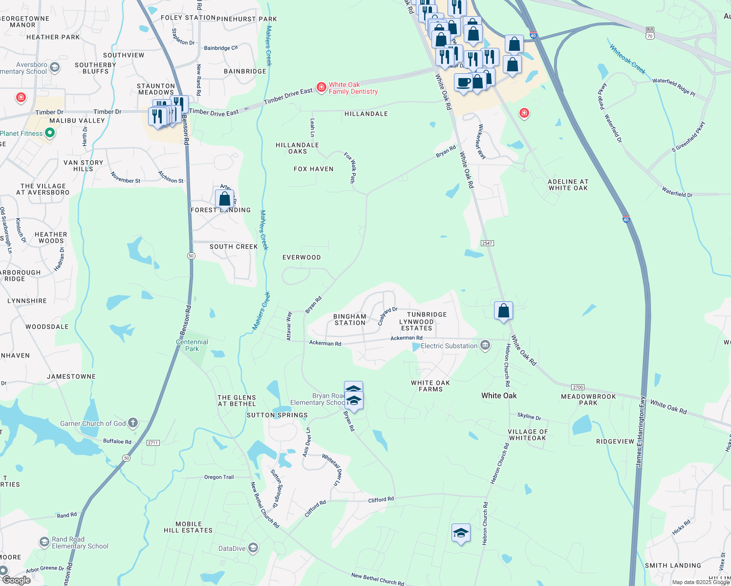 map of restaurants, bars, coffee shops, grocery stores, and more near 351 Steel Hopper Way in Garner