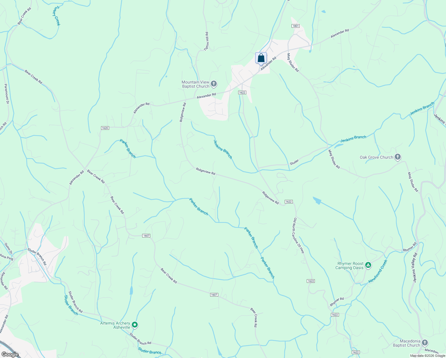 map of restaurants, bars, coffee shops, grocery stores, and more near 180 Ridgeview Road in Alexander